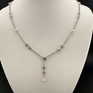 Sterling‎ Silver Necklace With Cubic Zirconia & Pearl Dangle Accents